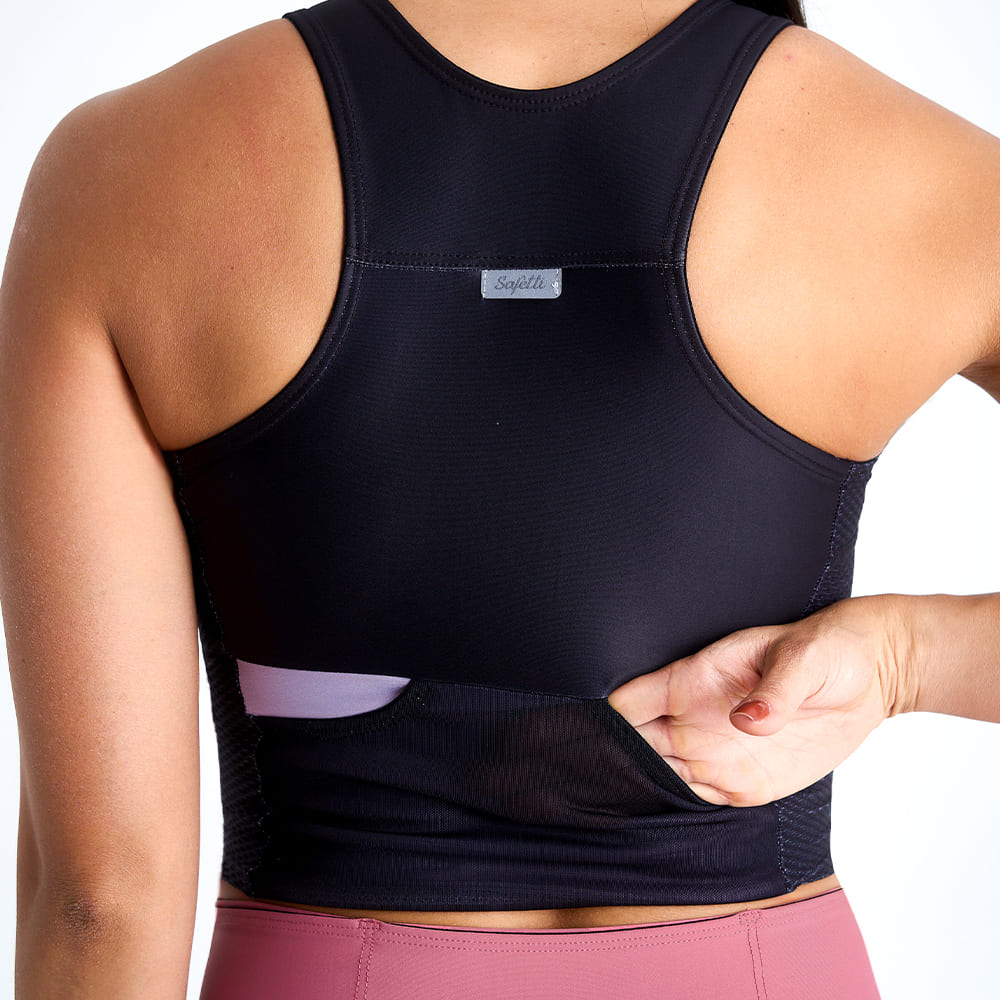 RUNNING/PADEL POCKET BLACK TOP FOR WOMEN